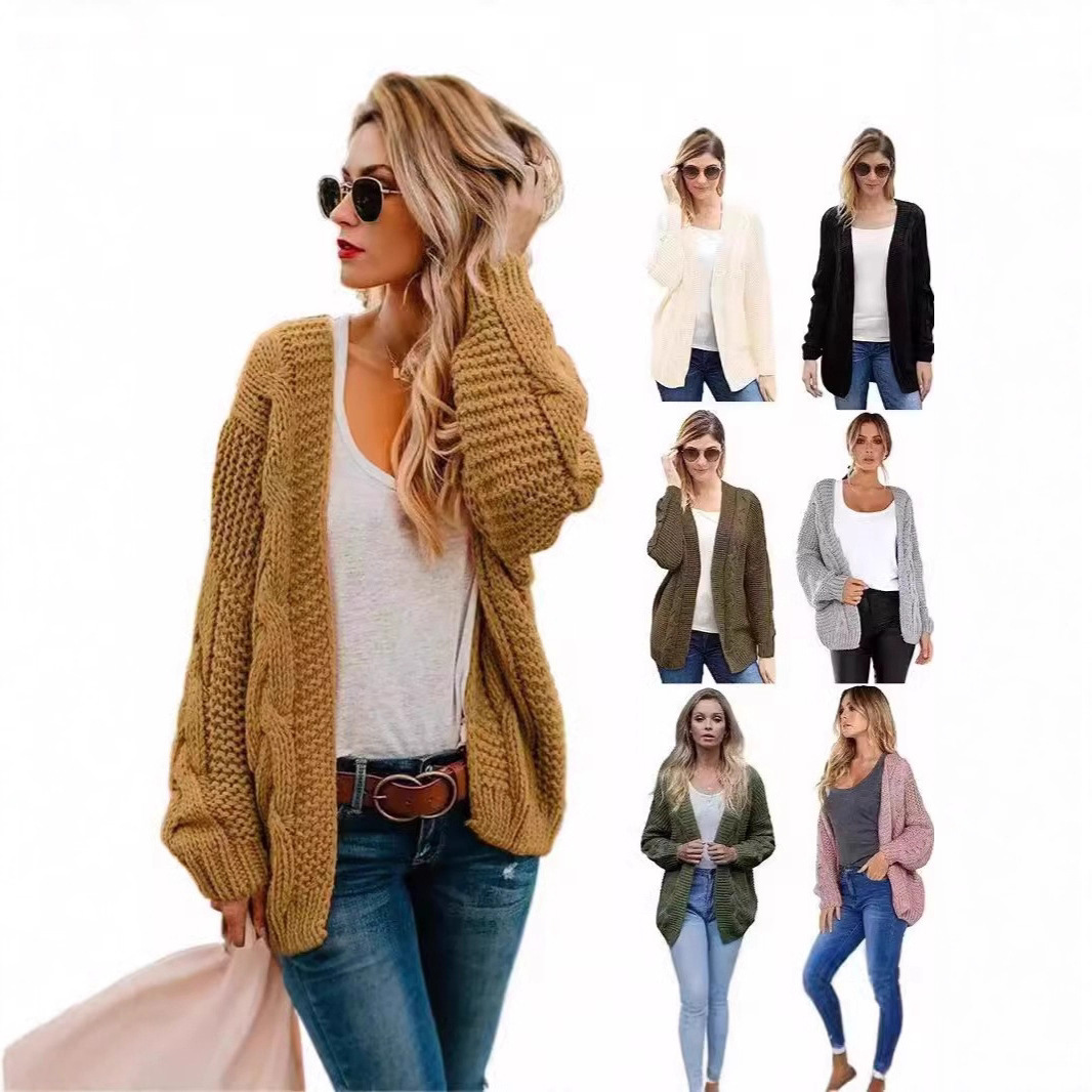 European and American 2026 Autumn and Winter New Style Thick-Knit Cable Cardigan for Women, Mid-Length, Solid Color, Casual Loose-Fitting Jacket Cardigan