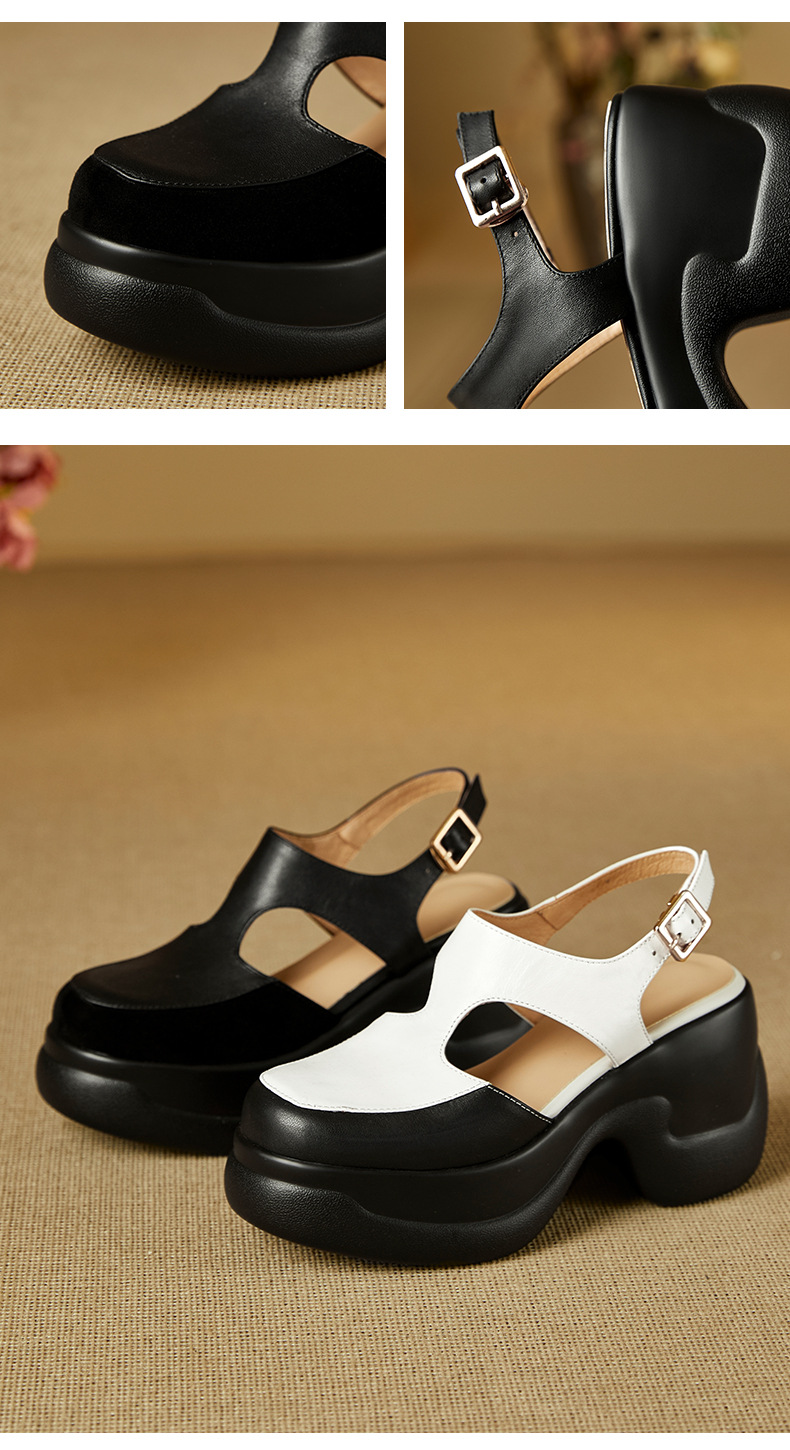 Sandal nữ da bò cao gót đế xuồng phong cách La Mã hở mũi — màu đen, màu trắng chi tiết 11