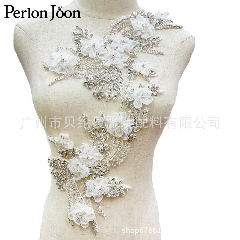 跨境供应 一对重工花朵形状蕾丝水钻衣花高级礼服婚纱胸口装饰