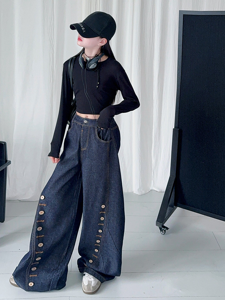 Men's Clothing Buttoned Scimitar Jeans Vintage Button-Fly Curved Hem Jeans For Kids - Soft Denim Stretch Comfort Fit (120-170cm, Unisex)_mkmklike.com