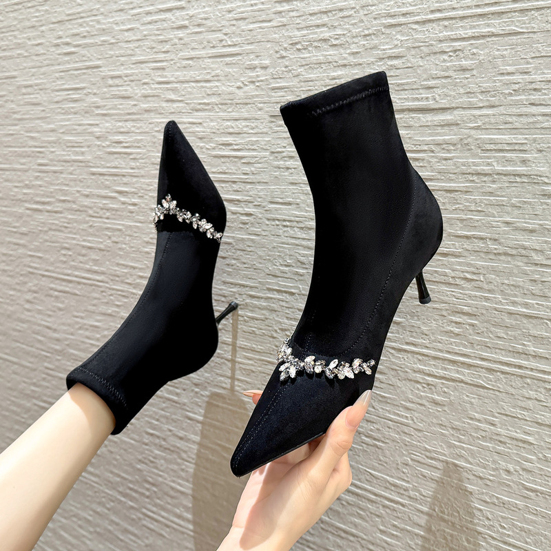 3369-T12 Black Suede High Heel Ankle Boots 2024 New French Rhinestone Pointed Thin Heel Stretch Thin Boots 3369-T12 Black Suede High Heel Ankle Boots 2024 New French Rhinestone Pointed Thin Heel Stretch Thin Boots