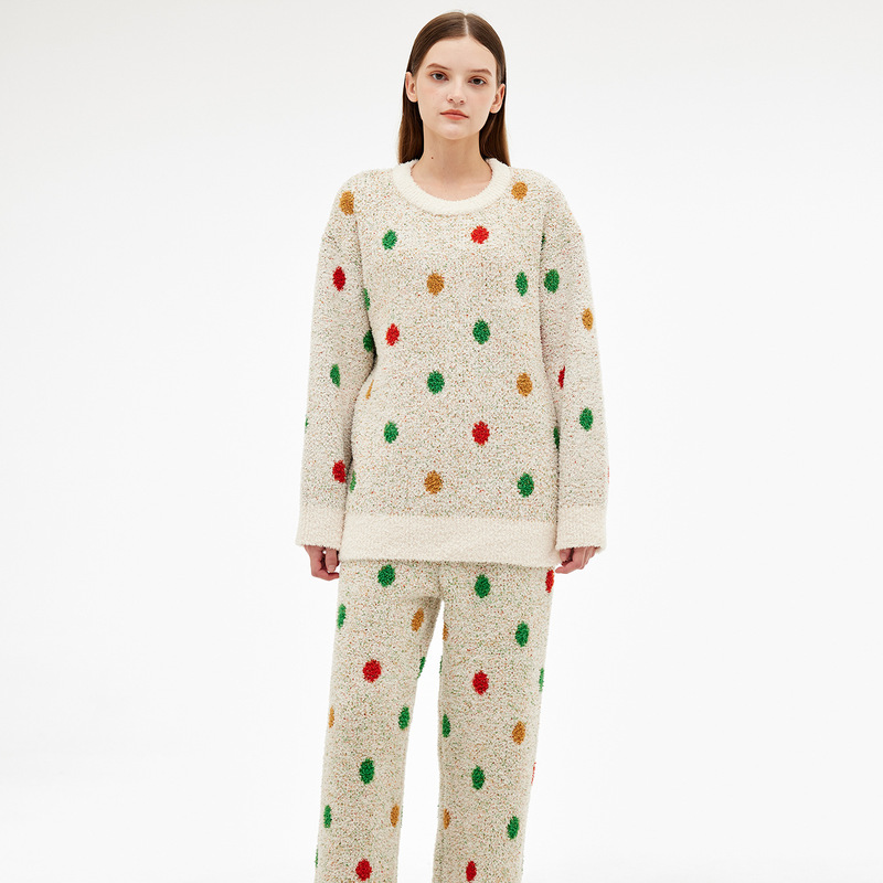 Half Velvet Thickeneded Autumn and Winter Long-Sleeved Pants Pajamas for Women Fair Isle Loose and Comfortable Knitwear Home Wear Set