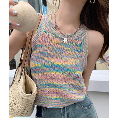 2024 Korean Style Summer Design-Focused Niche Rainbow Thin Sheer Knit Camisole Backless Tank Top