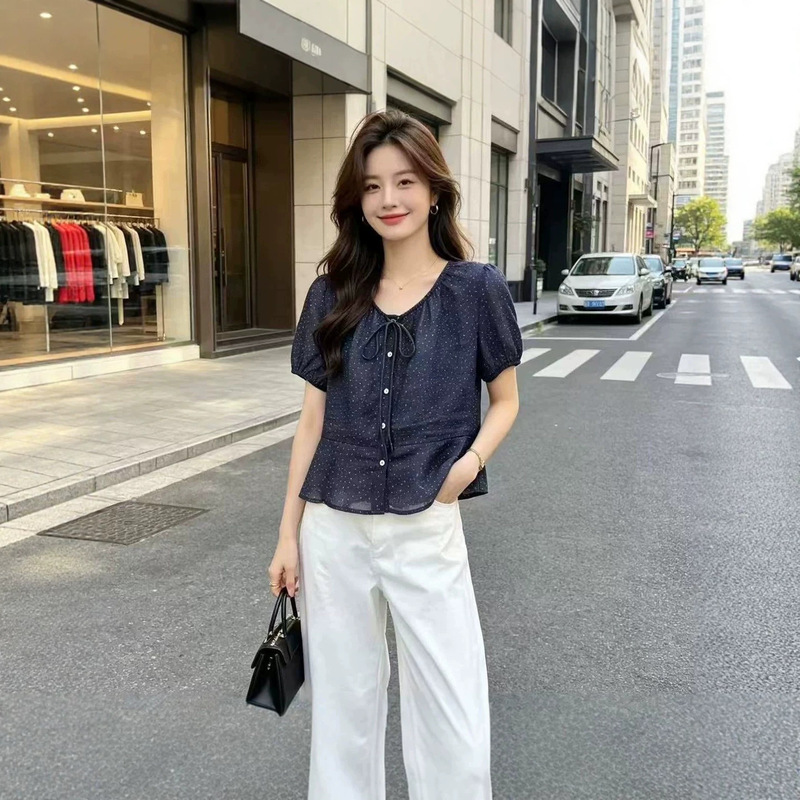 Korean Style Round Neck Tie Short-Sleeve Polka Dot Shirt for Women, 2026 Summer New Versatile Slim-Fit Petite Elegant Top