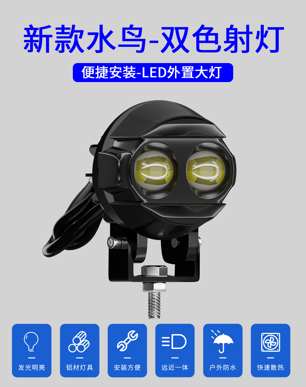 Cross-Border Hot-Selling Motorcycle Led Headlight Modification, Dual-Eye Spotlight, High and Low Beam External Electric Vehicle Headlight