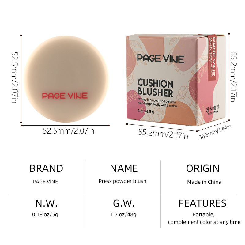 PAGE VINE Colorete en Crema con Recarga, Maquillaje Mate Nude, Efecto Blanqueador Natural y Delicado, Colorete para Comercio Transfronterizo