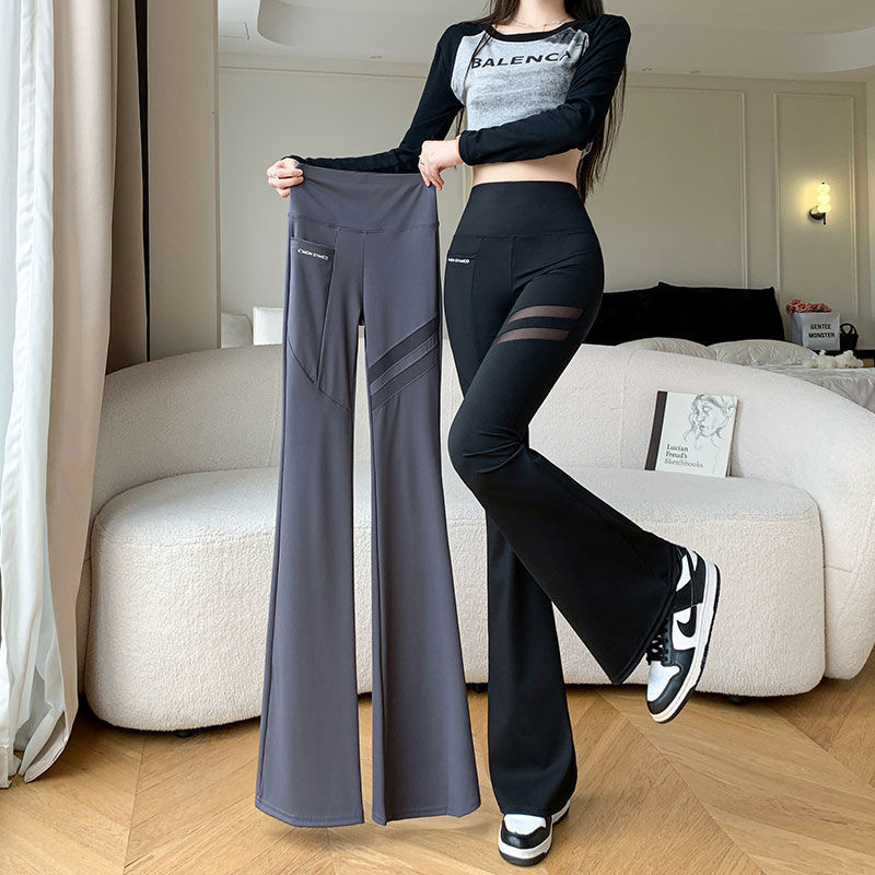 Mesh Pocket Pants Women's Spring Summer Autumn Thin Hollow Shark Pants High Waist Hip Shaping Yoga Trumpet Pants