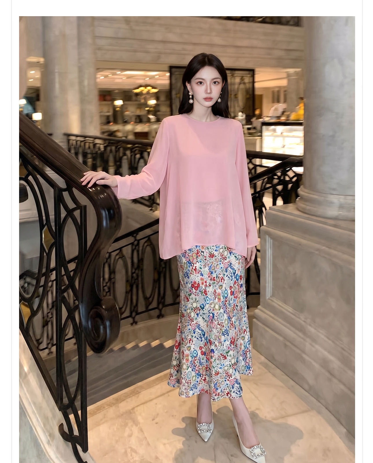 Chân váy xếp ly nữ họa tiết hoa nhí cao eo phong cách tân cổ điển — Hoa văn trắng, Hoa văn đen chi tiết 8
