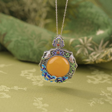 壹鹿银蜜蜡S925纯银复古珐琅彩牡丹蝴蝶镂空如意中式挂饰吊坠批发