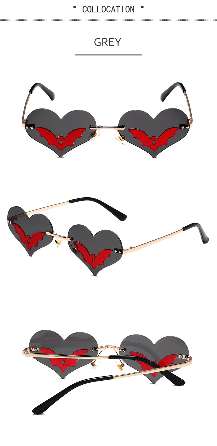 36g Weight Frameless Glasses Structure Sunglasses Classification PC, UV400 Protection Lens Material Special-Shaped Mirror Glasses Style Daily, Street Occasion Halloween Festival Heart Shape, Bat Pattern Unisex Gender Streetwear Style Black Color Streetwear Heart Shape Bat PC UV400 Protection Special-Shaped Mirror Frameless Women's Sunglasses 6
