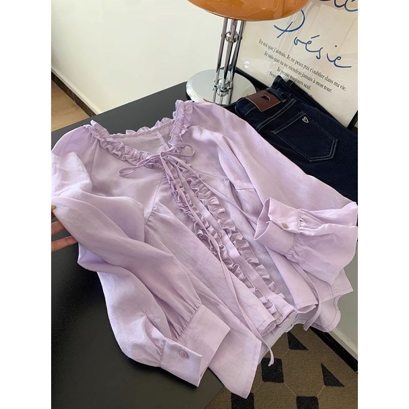 Purple Shirt with Bow Tie and Ear-Rimmed Design, Elegant Women's Top, Petite Design, Niche Summer Wear