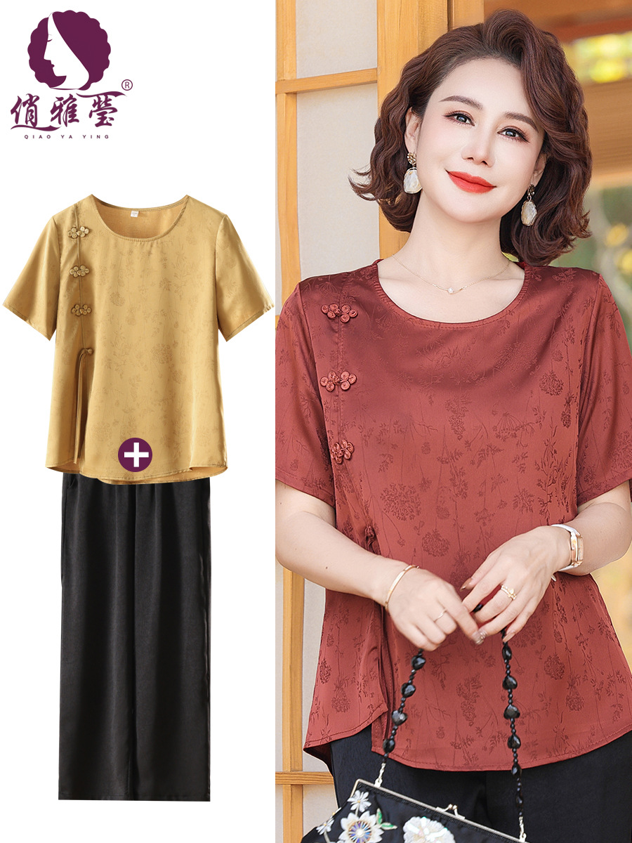 お母さんの服の夏服の新しい中国式の国風のtシャツの小さいシャツのスーツの2024新型の洋気の中高年の婦人服の2つのセット