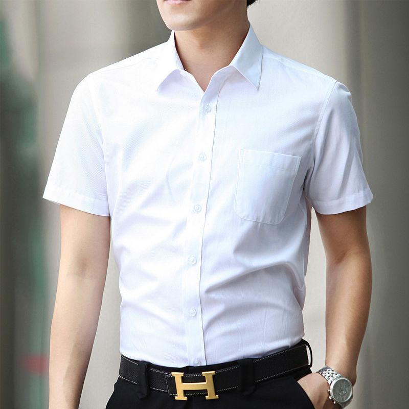 Men's Short-Sleeve Business Formal Non-Iron Shirt, Professional Workwear, Wedding Photography White Shirt with Embroidered Logo, Light Business Style