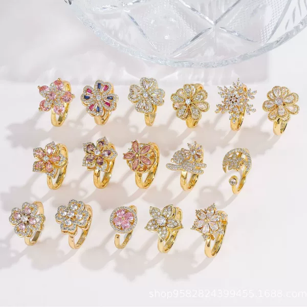 【Copper Micro-Inlaid Zircon】Cross-Border Hot-Selling Item 360 ° Rotatable Double-Layered Flower Ring with a Light Luxury and Niche Design.