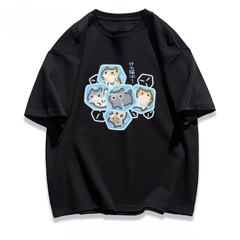 Milk silk cute ice cube kitten print short-sleeve Korean style loose simple unisex summer T-shirt Milk silk cute ice cube kitten print short-sleeve Korean style loose simple unisex summer T-shirt