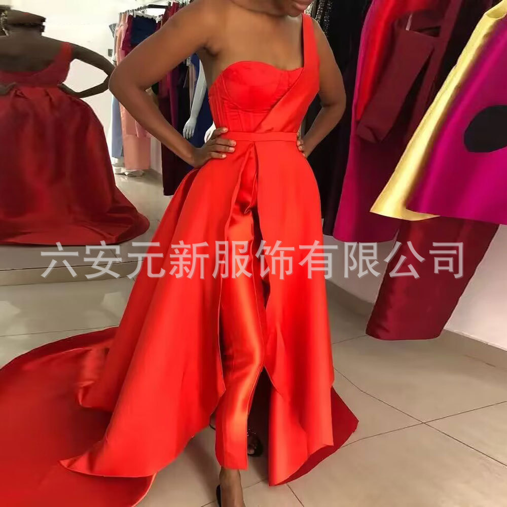 AliExpress satén rojo un hombro vestido de fiesta mono con falda desmontable noche pantalones traje