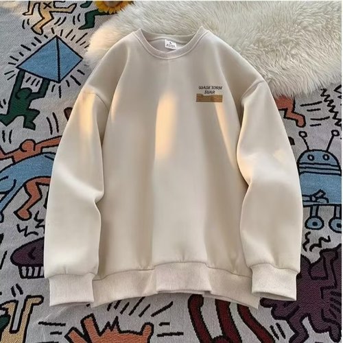 American cool retro heavy round neck hoodie men's winter lined loose trendy brand cool top