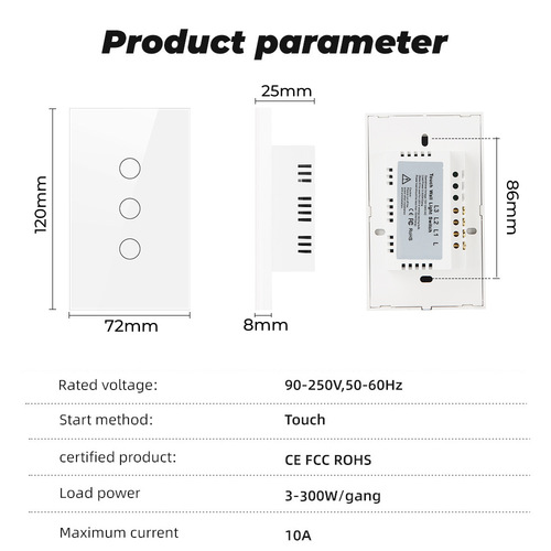 US Standard Single-Wire Wall Touch Switch with Glass Panel for Home, Hotel, and Villa Smart Light Switch