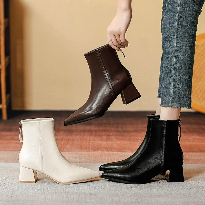 Короткие сапоги на толстом каблуке, узкие сапоги на высоком каблуке во французском стиле, новые сапоги 2025 года, маленькие бежевые сапоги с острым носком коричневого цвета, весенние и осенние одиночные сапоги.