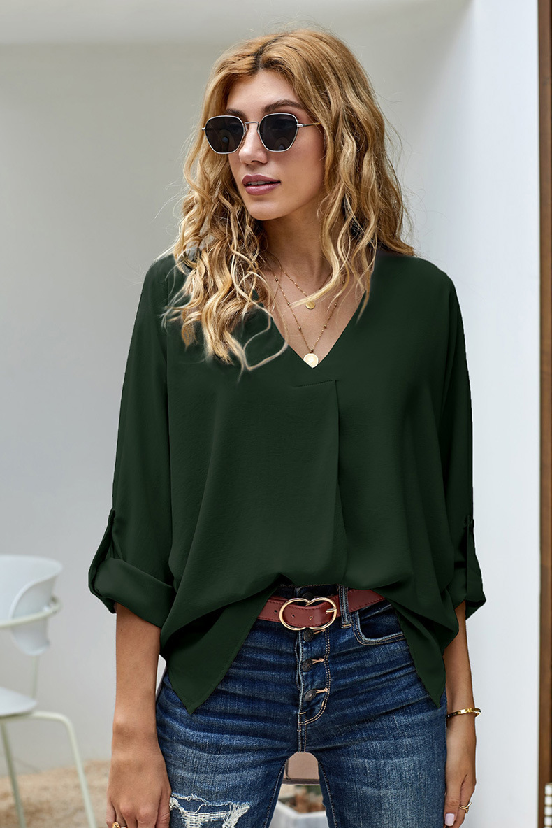 Loose V-Neck Long-Sleeved Shirt NSCX72520