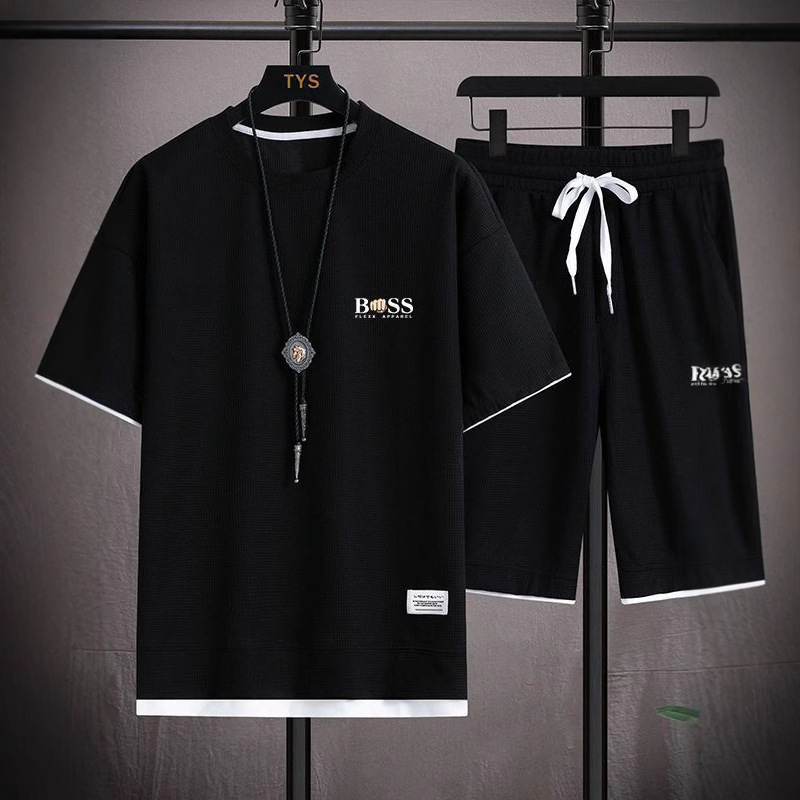 2023 와플 반팔 티셔츠 남성 캐주얼 스포츠 정장 도매 여름 느슨한 가짜 투피스 반팔 티셔츠 2