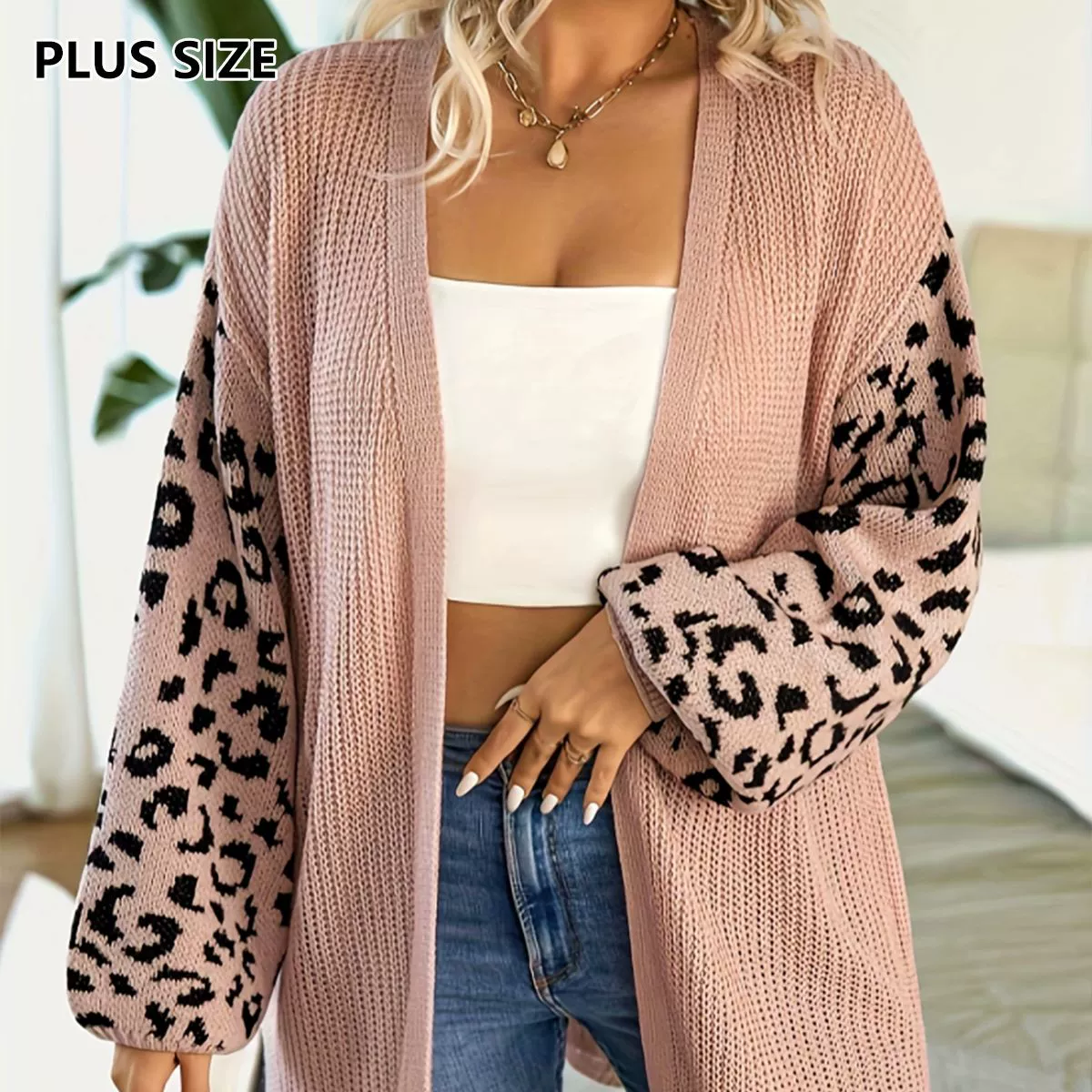 [Большая распродажа] Трансграничный экспорт весенне-осеннего леопардового принта с вышивкой, вязаные рукава-фонарики с боковыми разрезами, женская свободная мода больших размеров