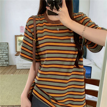 撞色复古条纹短袖t恤女2025新款夏季港味复古宽松百搭体恤上衣ins