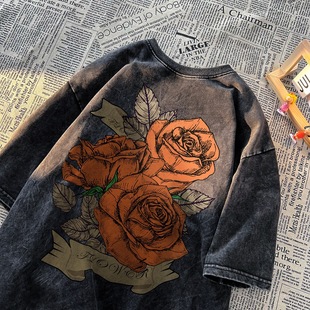 [Official Picture] Washed Old Heavy Short-sleeved T-shirt Men's Summer Fashion American Retro Rose Flower Half