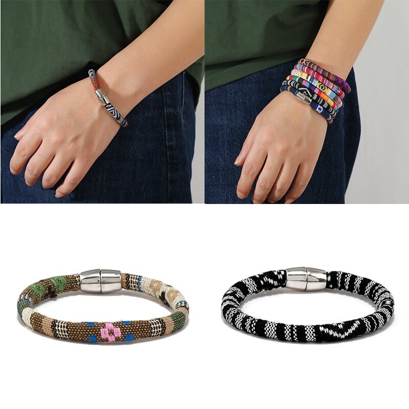 New Bohemian Style Cloth Hand Rope Cross-border Magnetic Buckle Adhesive Bracelet Bracelet for Men and Women