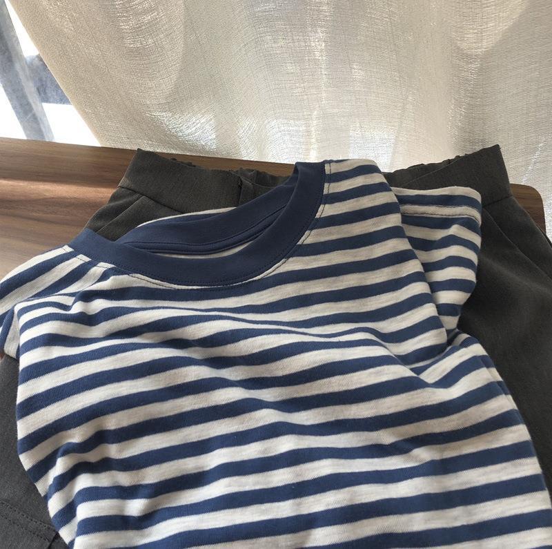 Lazy Style White Distressed Sea Soul Shirt Loose Round Neck Striped Short-sleeved T-shirt Women's Fresh All-match Slimming Top for Summer