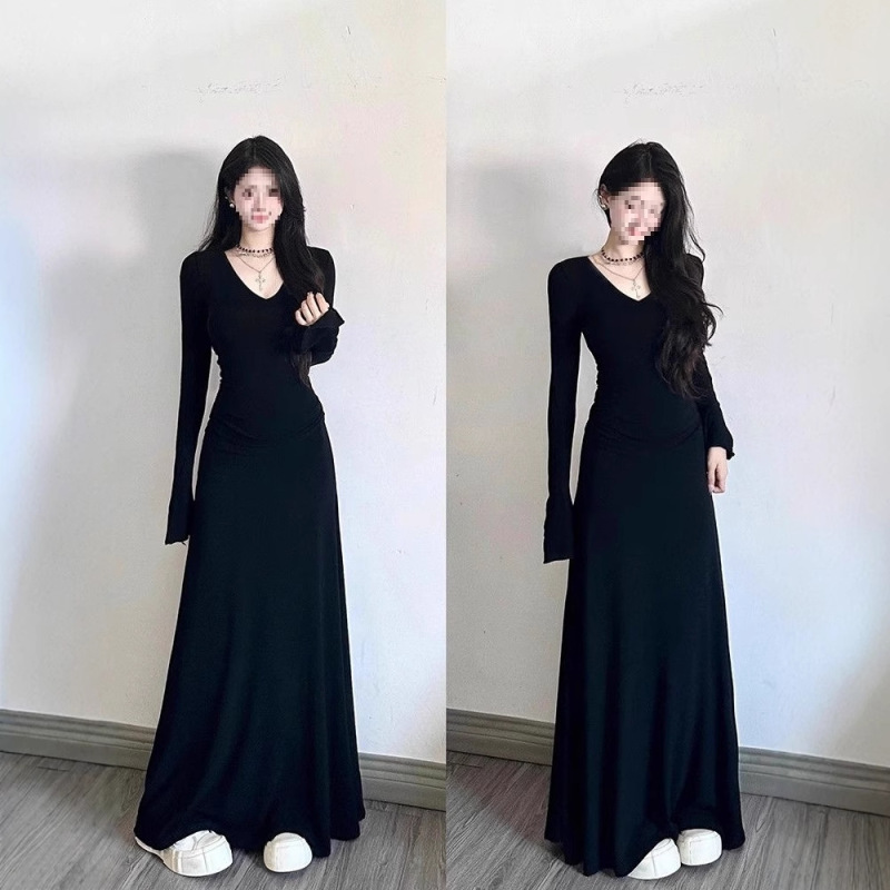 黑色赫本风小黑裙春秋连衣裙女针织气质修身内搭长裙子v领连身裙|undefined