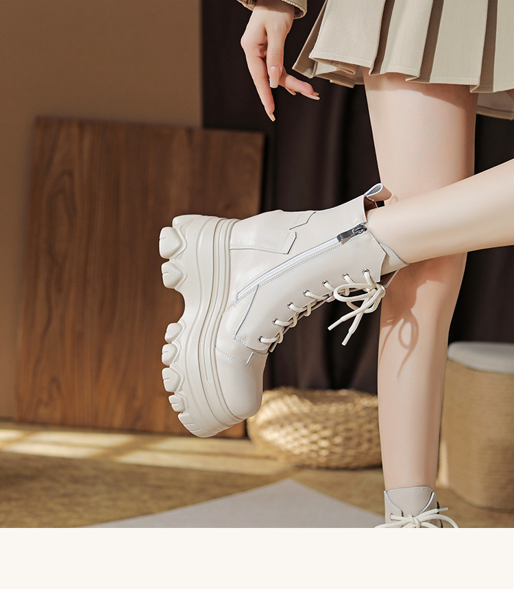Boot nữ da thật đế dày tăng chiều cao 12 cm dây buộc cổ thấp — Đen lót nhung chi tiết 13