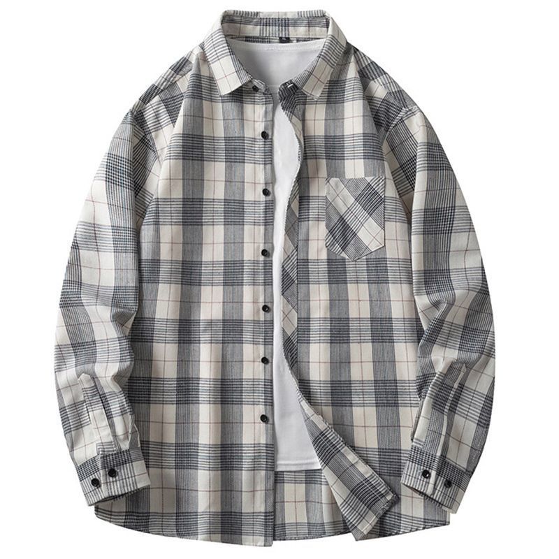 格子衬衫男长袖内搭帅气宽松休闲新款衬衣外套男士港风翻领上衣服