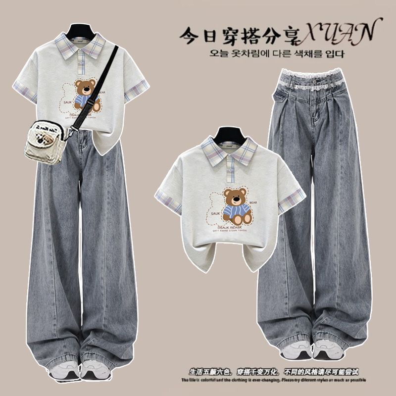 Fashionable Outfit # Fun Bear Print Fake Two-Piece Polo Collar Short-Sleeve Top Paired with American-Style Lace-Trimmed Jeans. Fashionable Outfit # Fun Bear Print Fake Two-Piece Polo Collar Short-Sleeve Top Paired with American-Style Lace-Trimmed Jeans.