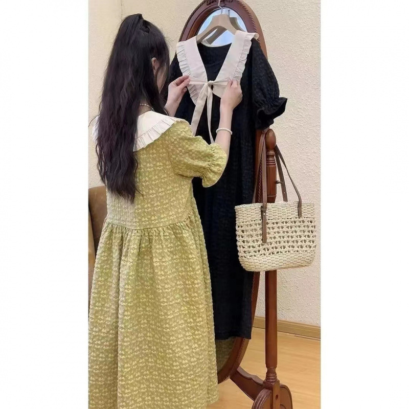 プラスサイズのフレンチドールカラードレス、夏の太った女性用、ゆったりとした痩身スカート、お腹をカバーし、肉を隠し、年齢を減らすロングスカート|undefined