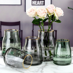 鮮花玻璃花瓶北歐現代金邊透明水養插花寬口矮胖大口創意簡約王金