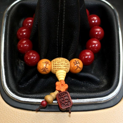 Car Pendant Cinnabar Bead Bracelet for Safe Entry and Exit, Car Hanging Ornament with Peach Wood Beads, Car Gear Bead, Car Gear Handle Decoration (Car hanging) - cinnabar-beads-safe-entry-and-exit-a-15mm