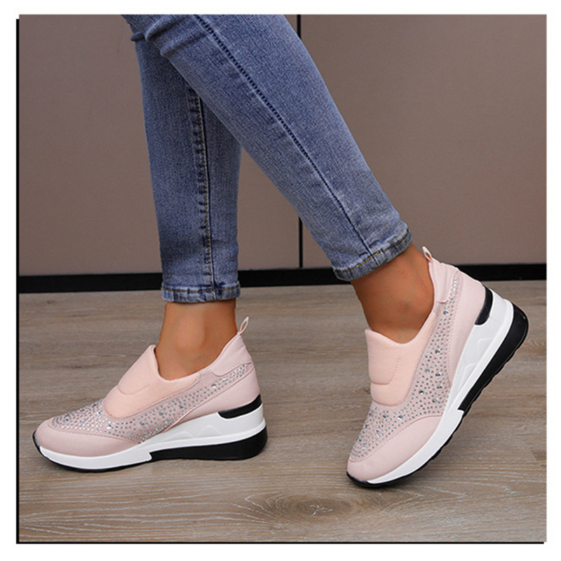 Plus Size Wedge Shoes for Women 2025 Spring New Style Rhinestone Inner Heightening Shoes High Heels Lazy Shoes Casual Sports Shoes for Women