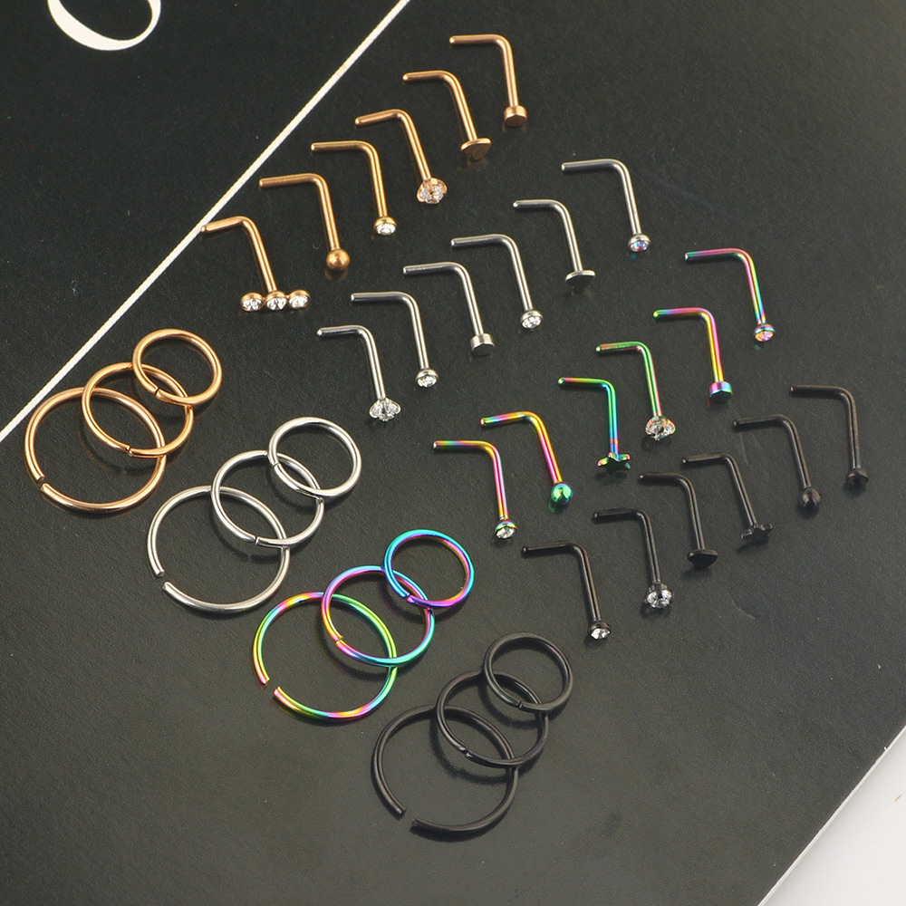 Rose Gold Nose Nail Ring Set 20G Stainless Steel CZ Piercing Jewelry - 30 Pcs detail image 9