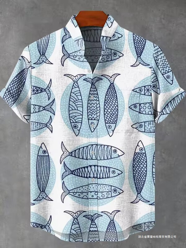 Men's Summer Short-Sleeved Shirt Made of Linen Fabric, with Fish Pattern, Fishing Enthusiasts' Clothing, Refreshing