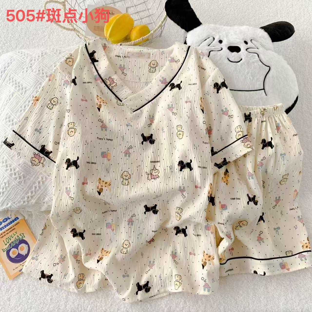 Al por mayor transfronterizo nuevo pijama dulce de verano nubes de algodón impresión de dibujos animados de cuello V hoodie set de ropa para el hogar