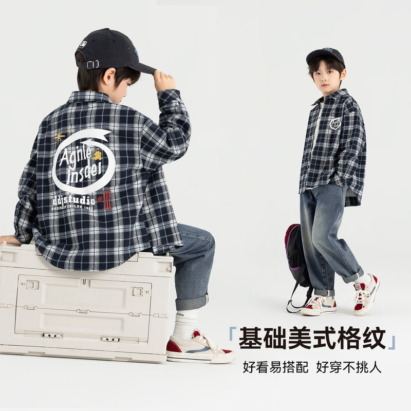 多多家男童衬衫美式2025春秋季新款儿童中大童纯棉格纹印花衬衣潮|undefined
