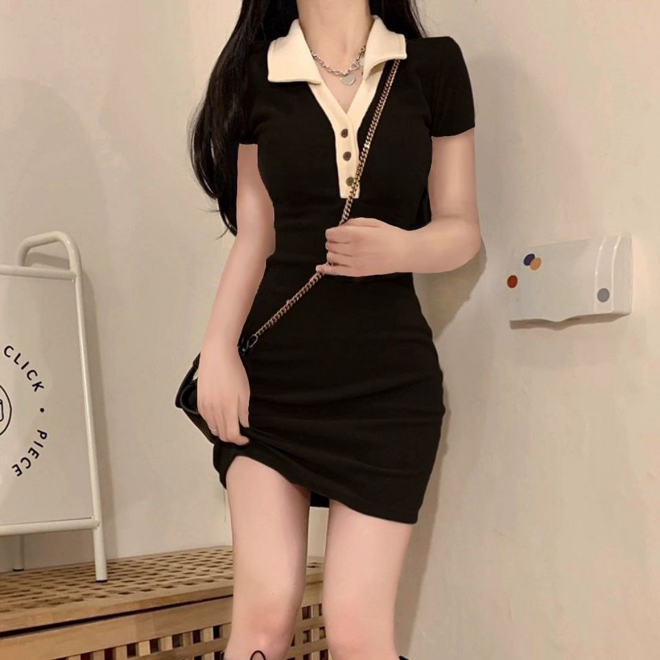 セクシーなギャルのpolo半袖のワンピースの女性の夏の新型の小さい子は腰を収めて明らかにやせている包みの尻のスカートのスカートを包みます。