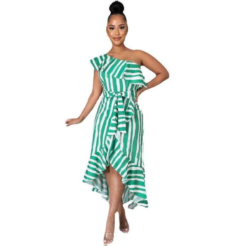 Vestido elegante para ir al trabajo de la próxima temporada, falda irregular, vestido midi verde con hombros descubiertos, vestido a rayas entallado de talla grande. image 2