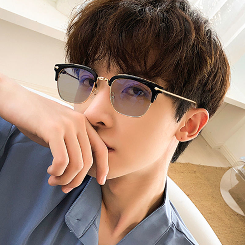 ネットセレブの新しい眉毛ラインハーフフレーム色が変わる近視メガネ男性用、トレンディでハンサムな四角い顔と丸い顔、美白目の保護フレーム