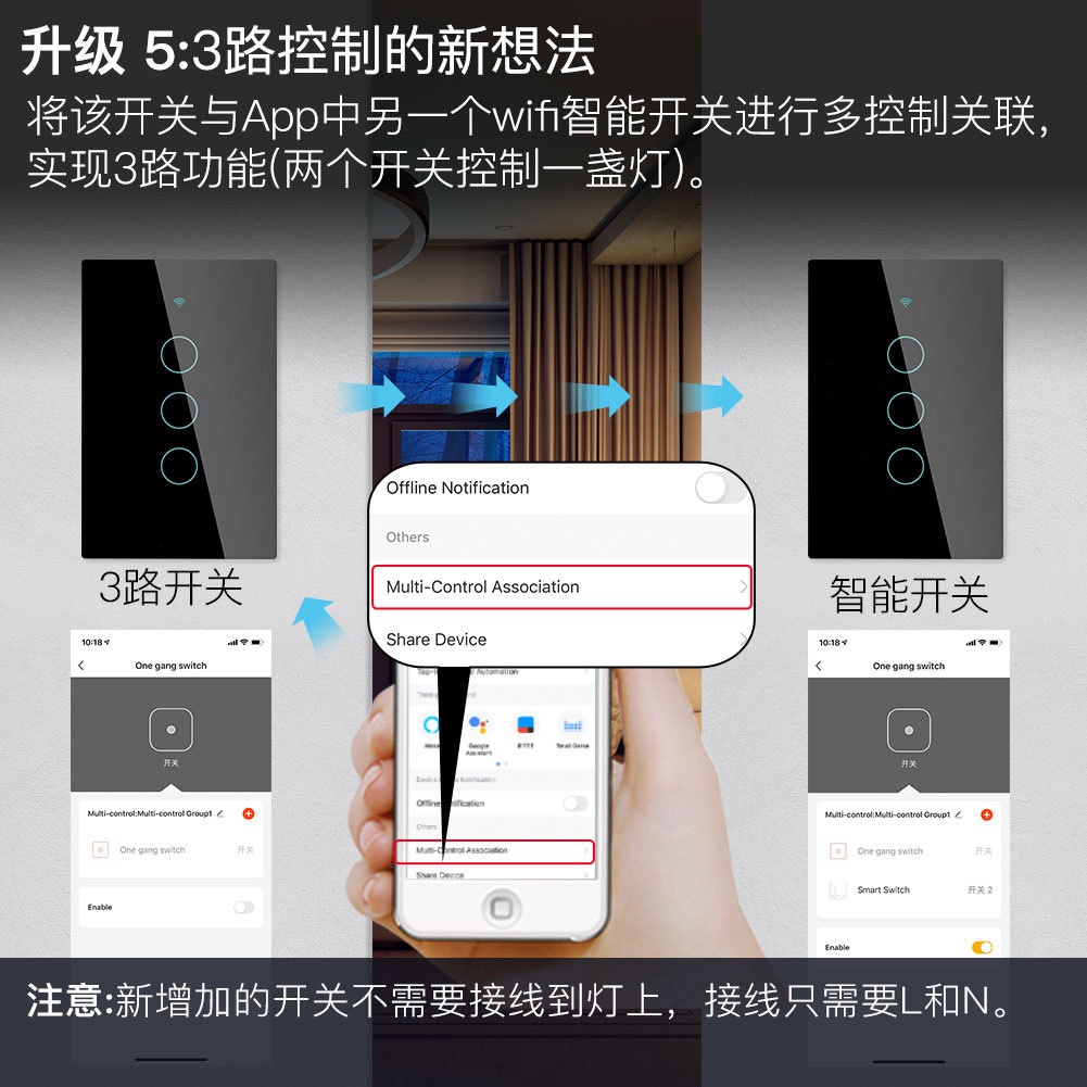 WiFi涂鸦智能家居触摸开关零火接线黑色3路app遥控定时美规面板