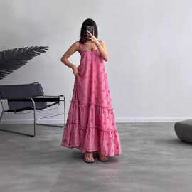 2025欧美跨境亚马逊清新甜美吊带立体花朵定制大摆蛋糕连衣长裙