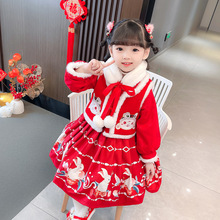 女童加絨加厚漢服裙唐裝2022冬季寶寶小兔子綉花年服紅色拜年套裝