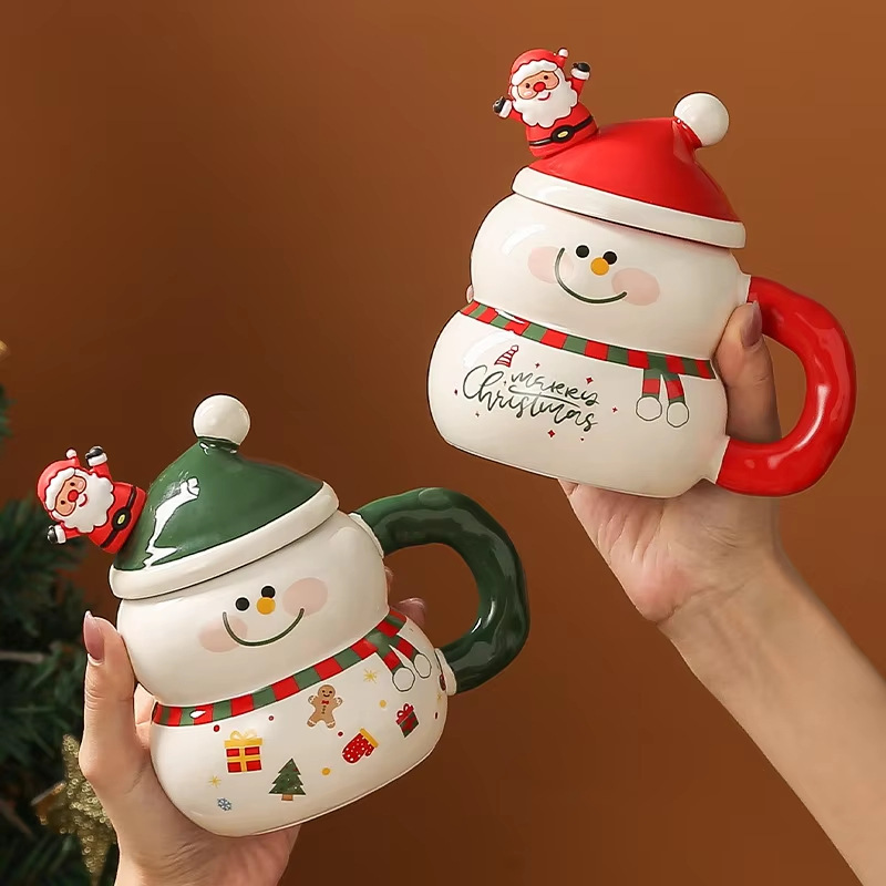Taza de cerámica de Navidad limitada, muñeco de nieve creativa, encantadora taza de cerámica con mango, adornos de regalo con cubierta
