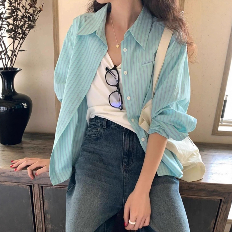Dopamine Long-Sleeved Vertical Stripesd Shirt Women's Autum New Niche Shirt Thin Loose Design Sun Protection Jacket